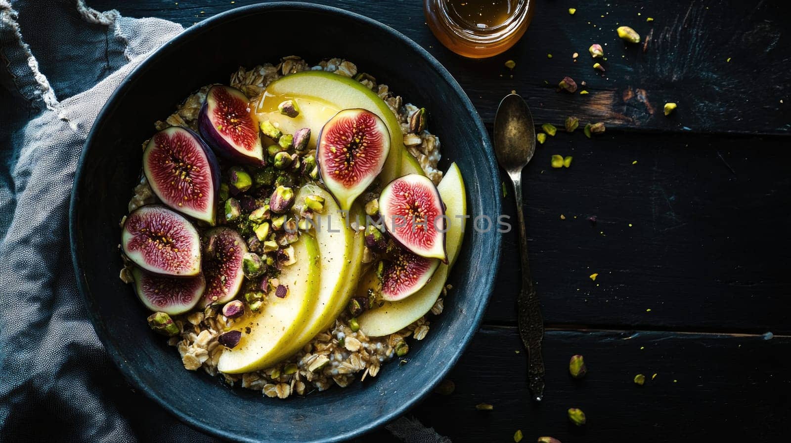 A breakfast bowl features sliced figs and apples arranged on oatmeal. Garnished with pistachios, it rests on a dark wooden table alongside a small jar of honey.