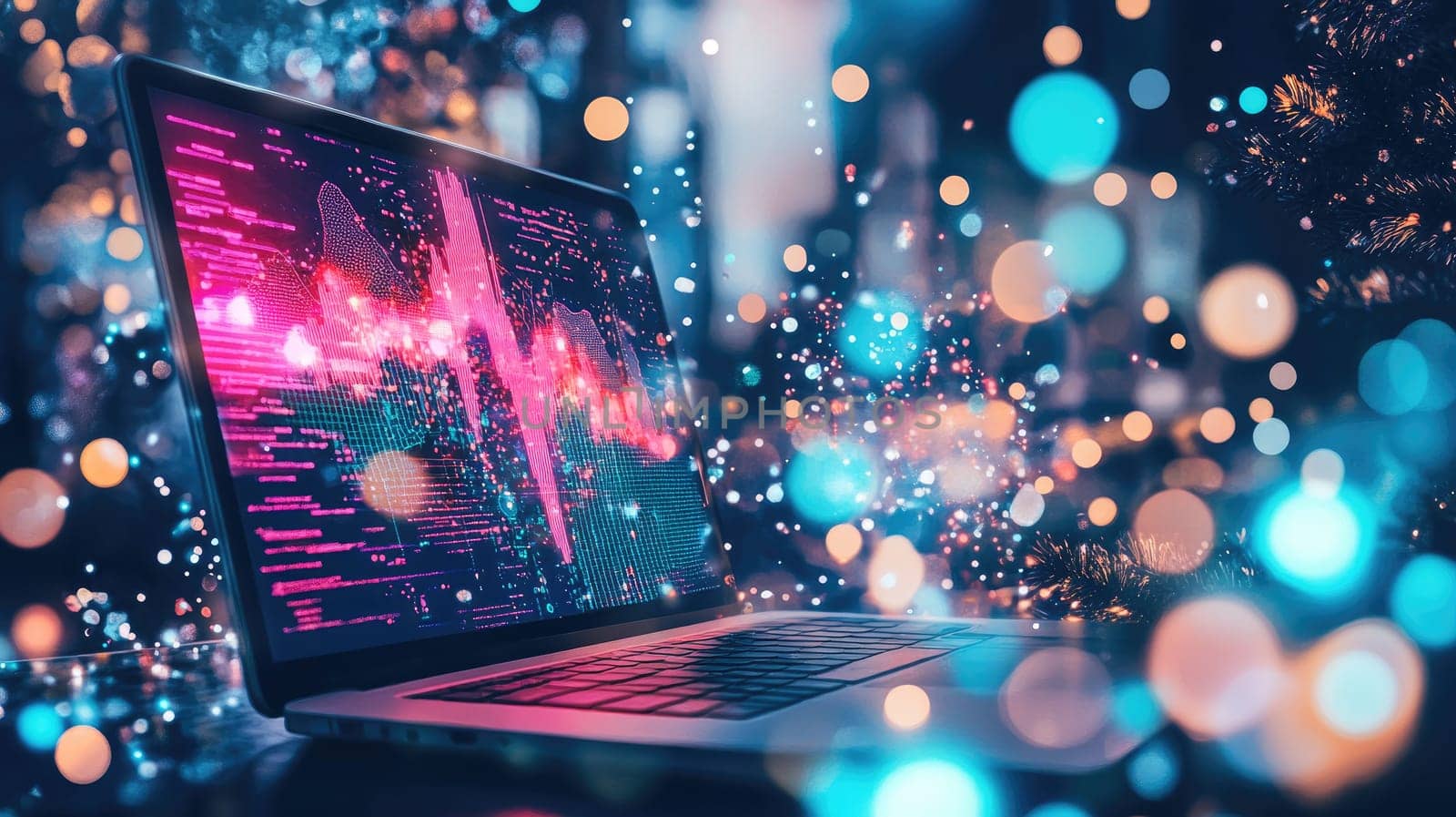 A laptop displays vibrant data visualizations while colorful lights create a warm and festive atmosphere. This creative setup suggests an innovative tech project or presentation.