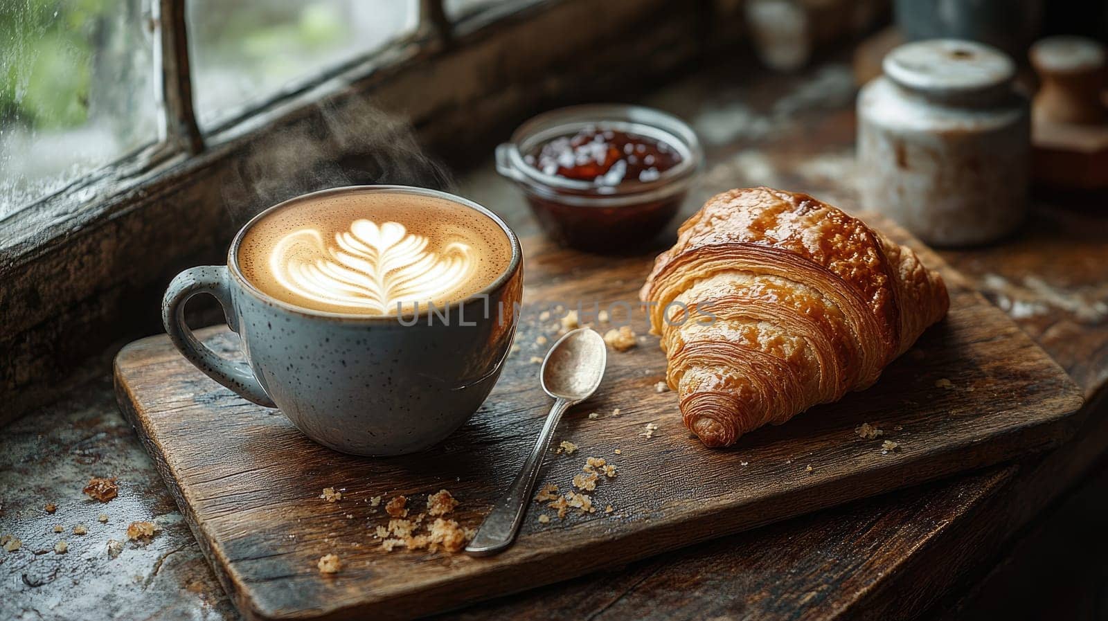 A cozy setting features a steaming cup of coffee beside a freshly baked croissant, accompanied by a dish of fruit preserves, all on a rustic wooden surface.
