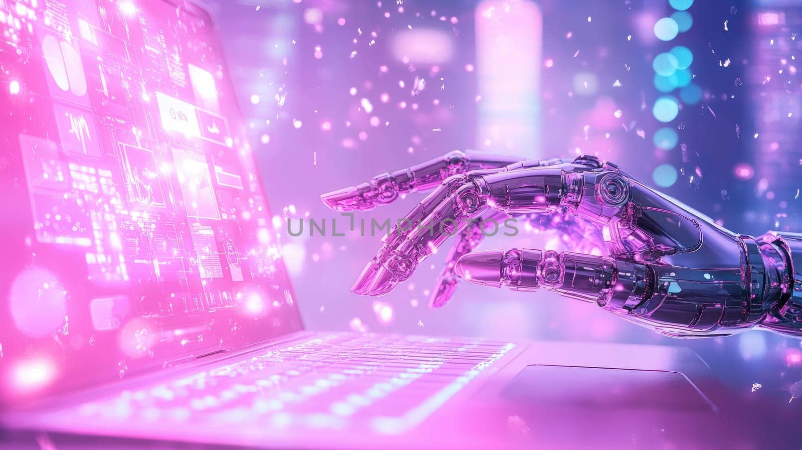 A highly detailed robotic hand reaches toward a laptop, displaying various colorful digital elements and glowing effects, emphasizing modern technology and innovation.