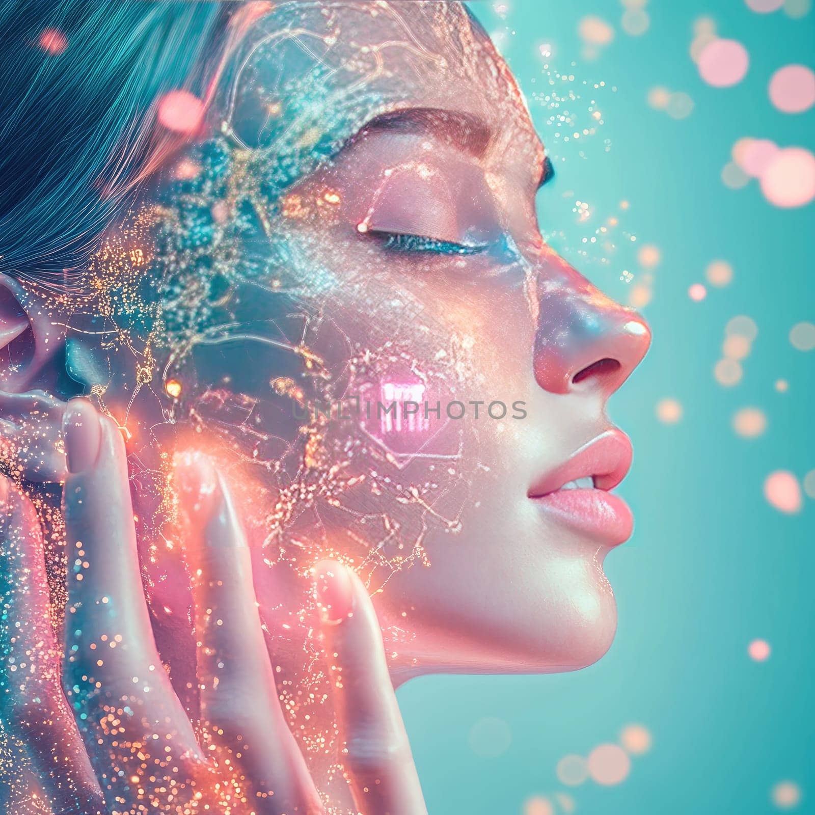 A woman is gently touching her face while intricate, glowing patterns and sparks illuminate her features. The background glows in soft hues, enhancing the ethereal atmosphere.