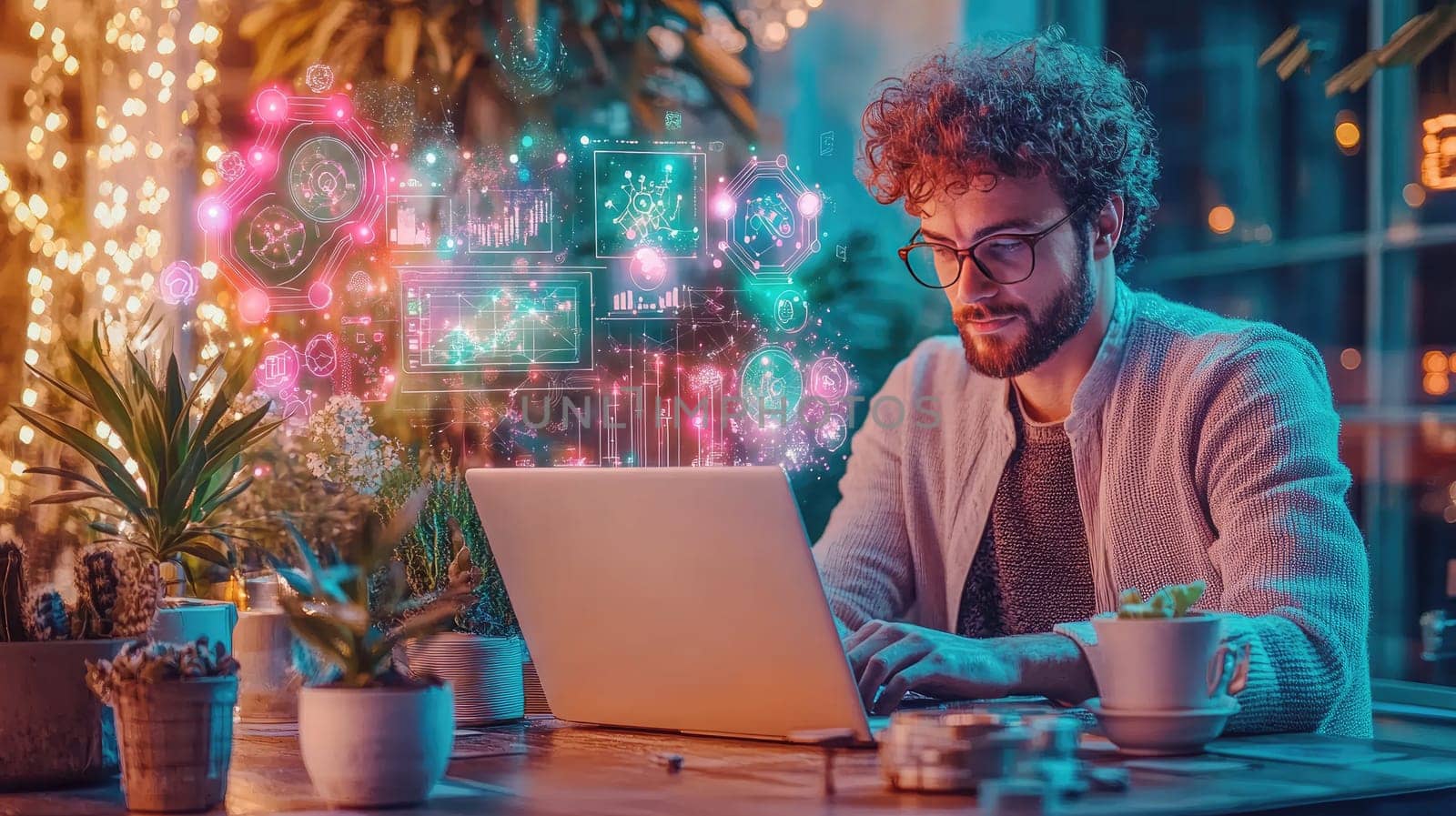 A young man sits at a wooden table in a warmly lit cafe, focused on his laptop. Bright data visualizations surround him, highlighting his analytical work amidst greenery.