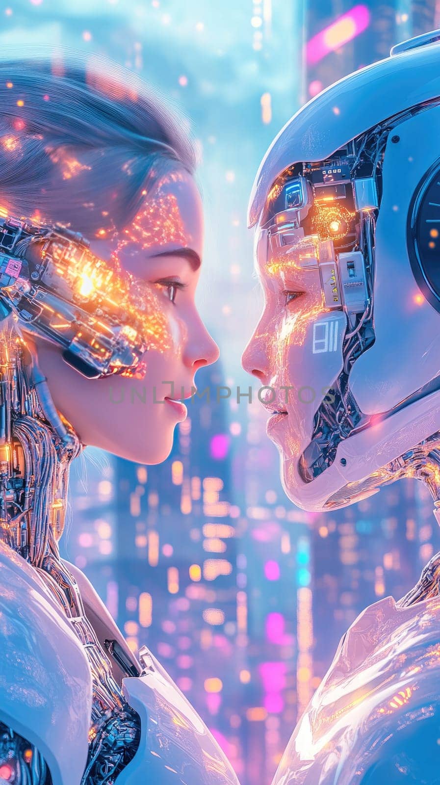 A human and a humanoid robot engage in a moment of connection amidst a vibrant futuristic city. Bright neon lights and technological details enhance the scene's allure and depth.