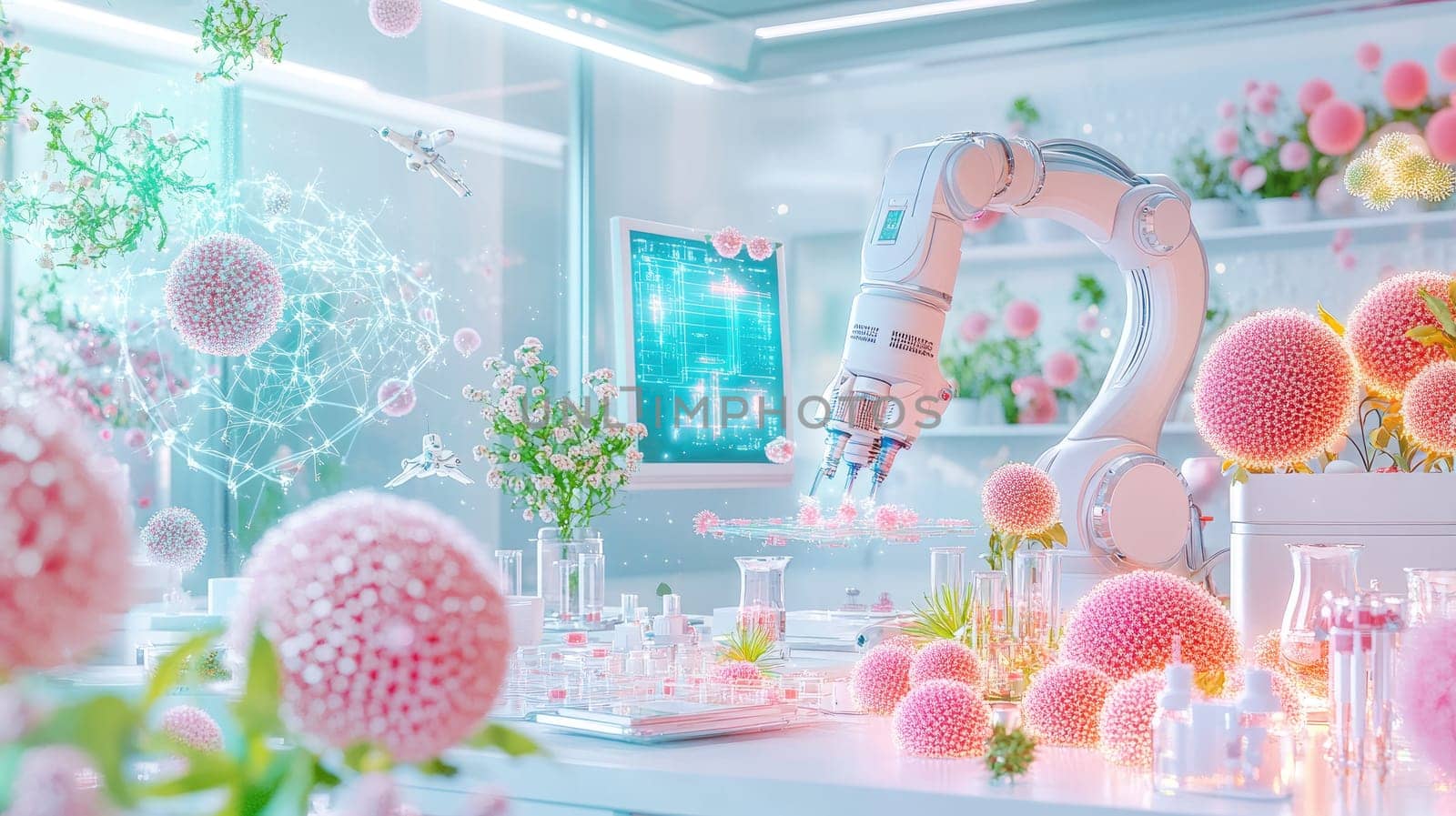 A robotic arm is actively engaging with colorful microorganisms in a modern laboratory.