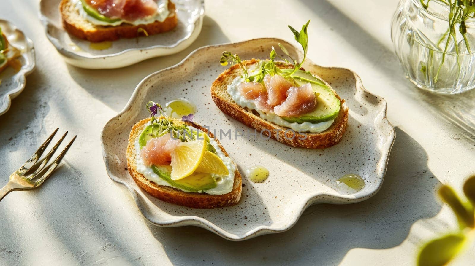 Delicate open-faced sandwiches topped with fresh cucumber, smoked salmon, and herbs are arranged on a light-colored plate. The soft sunlight enhances the appetizing scene.