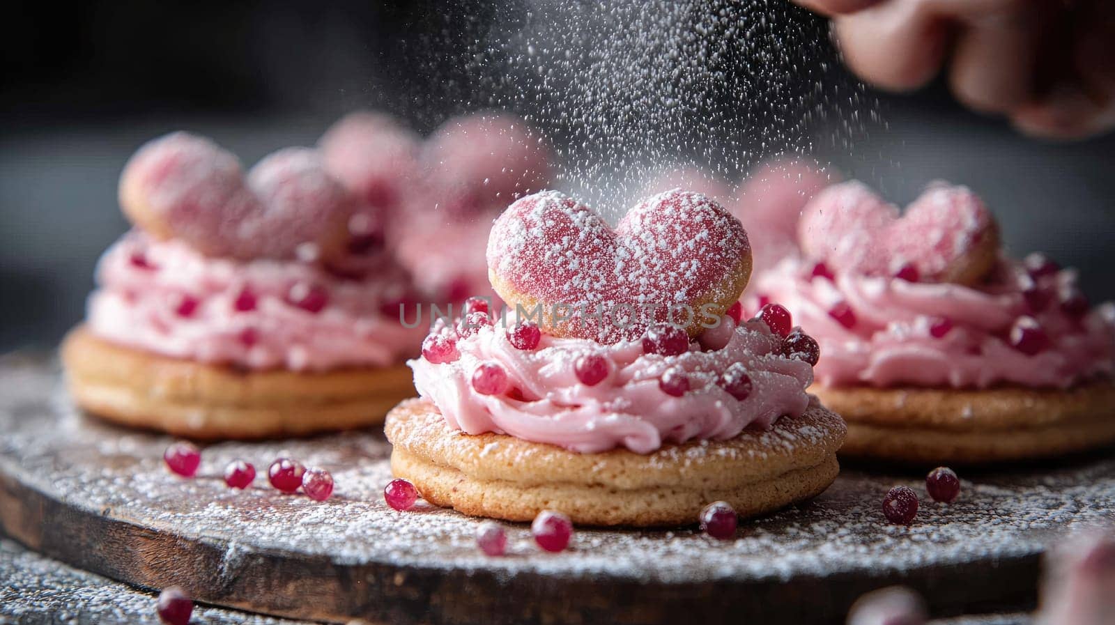 Heart-shaped cookies topped with pink frosting and decorative berries are being dusted with powdered sugar. The warm kitchen setting enhances the festive mood of this delightful treat preparation.