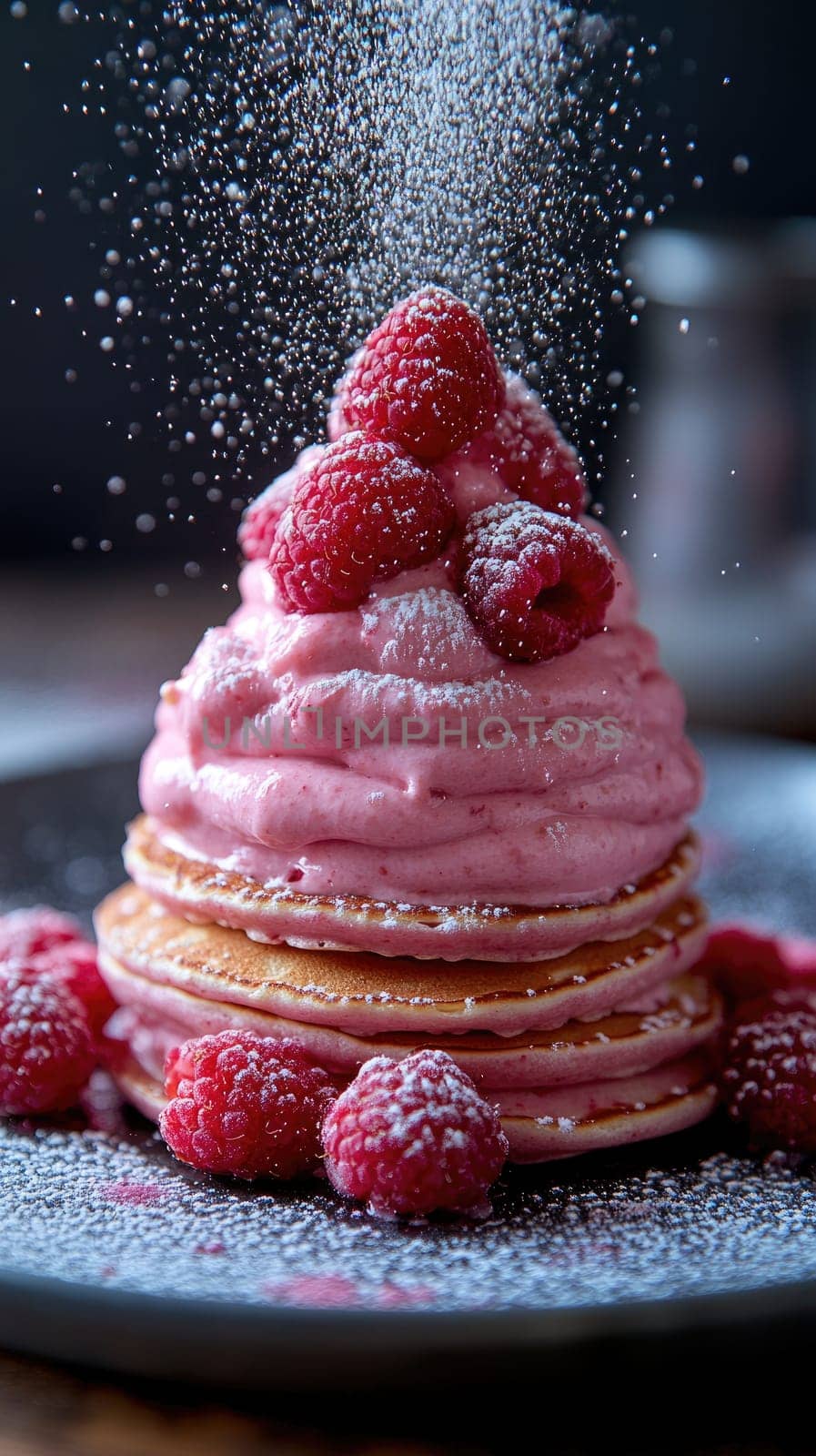 A stack of fluffy pancakes is adorned with pink whipped cream and fresh raspberries, dusted with powdered sugar, creating an enticing dessert.