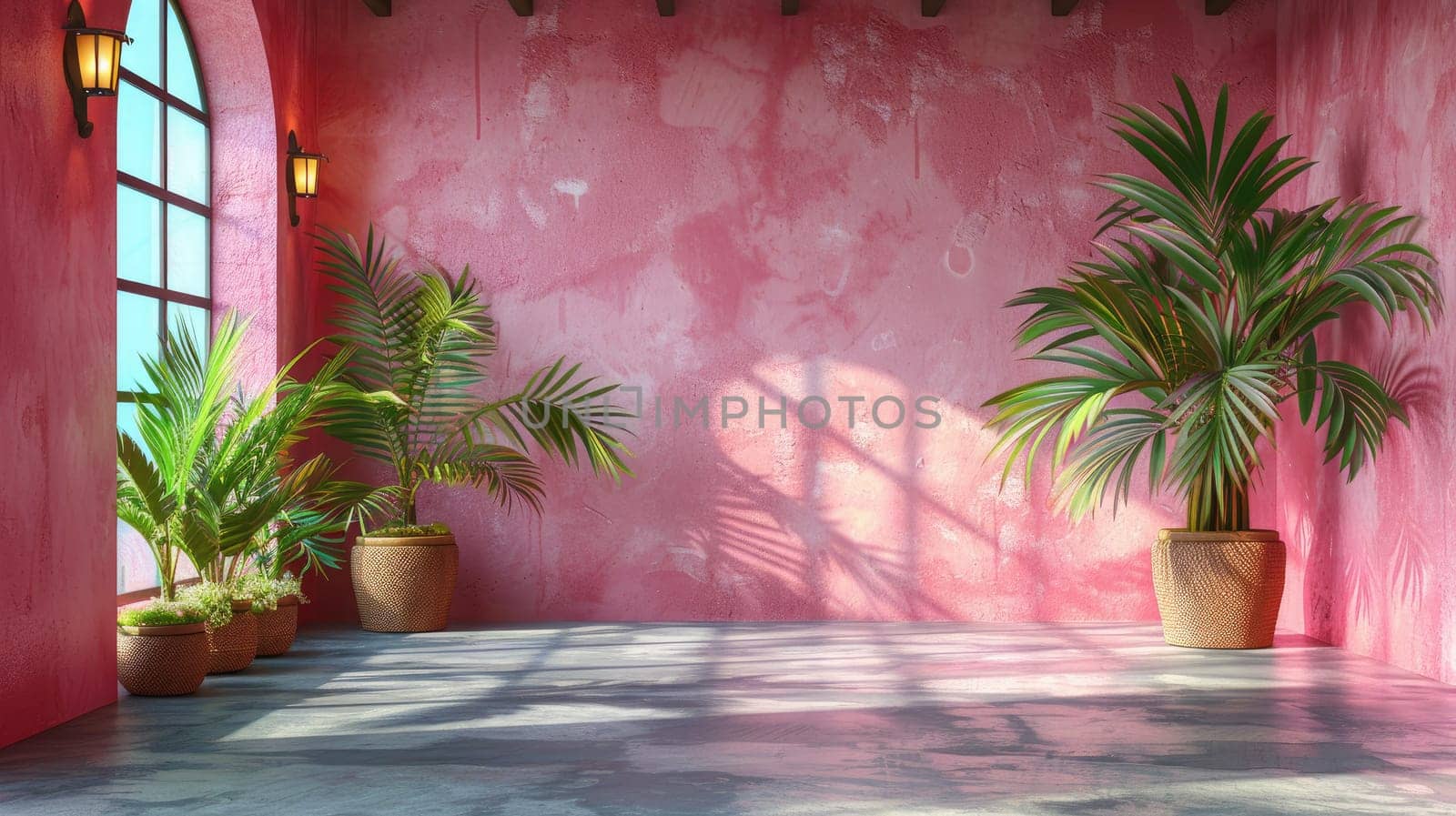 A lively interior features a bright pink wall, large windows allowing sunlight to pour in, and potted plants enhancing the vibrant ambiance of the space.