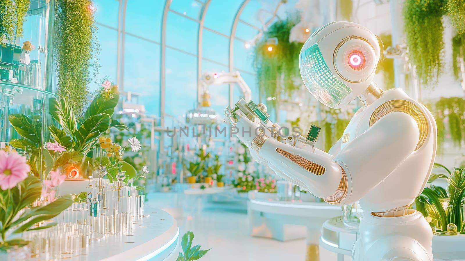 A robotic assistant observes and interacts with a variety of colorful plants in a modern greenhouse filled with lush greenery and vibrant flowers. Sunshine filters through large windows.