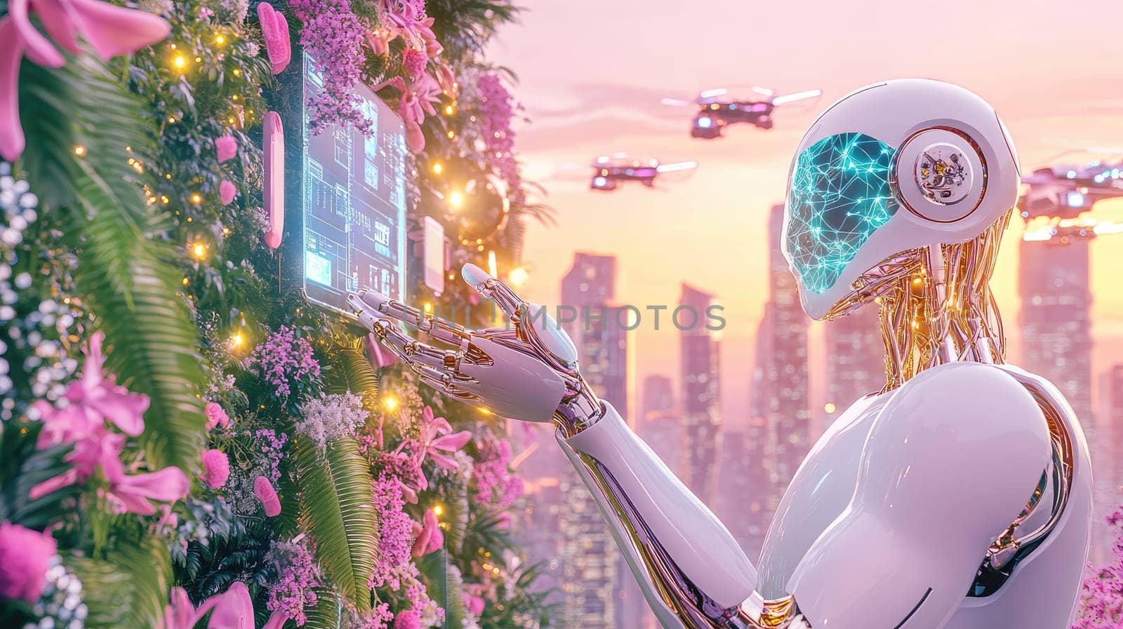 A sleek robot with a glowing face engages with a digital panel embedded in lush greenery, while drones fly above a colorful skyline at sunset. The scene combines technology and nature harmoniously.