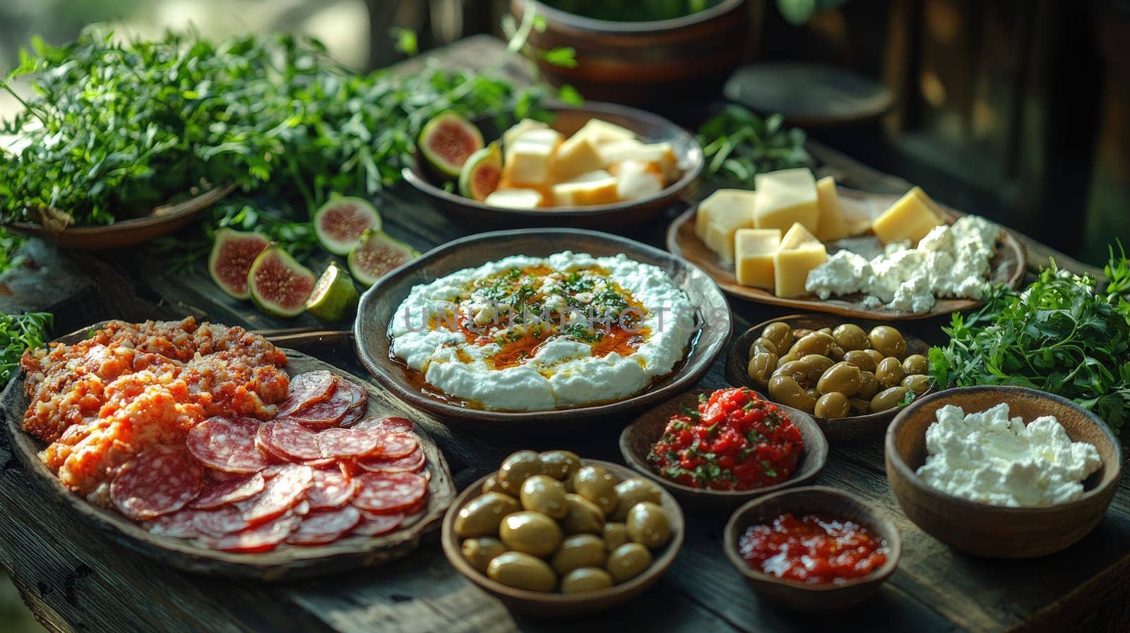 A beautifully arranged table features a variety of fresh foods including cheeses, olives, and vibrant herbs, set in a rustic dining area. It captures an inviting, communal atmosphere.