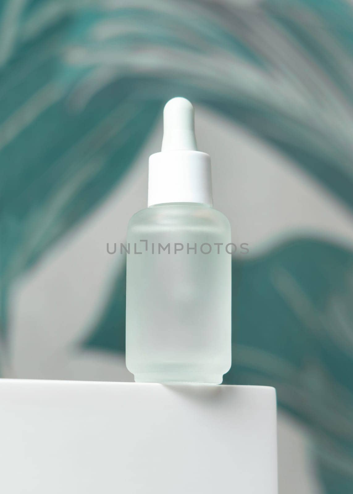 Clear glass dropper bottle with pipette on washbasin in green tropical bathroom close up, mockup. Natural unbranded cosmetics scene, copy space. Spa and facecare concept