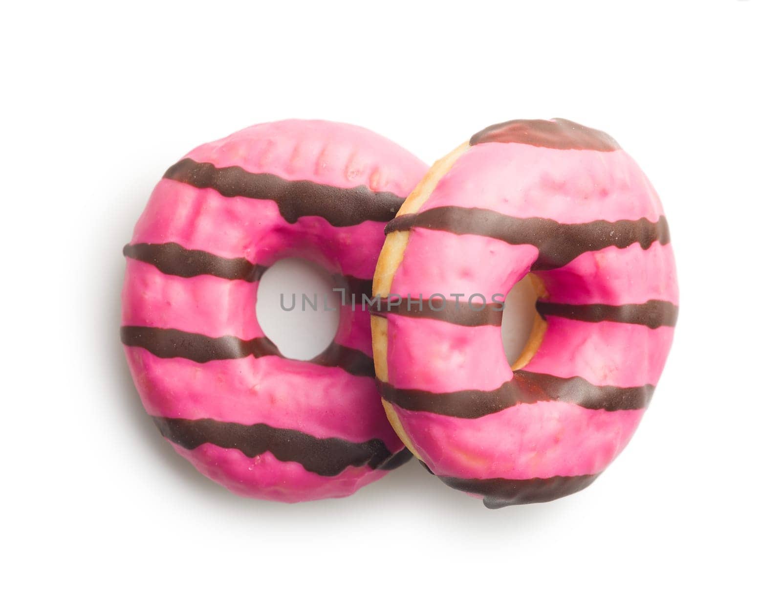 Sweet pink donut with chocolate strips isolated on a white background.