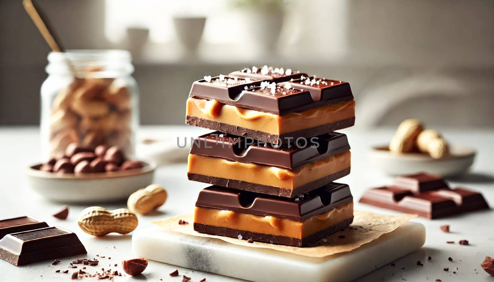 Close-up shots of thick peanut butter chocolate bars, showcasing a creamy peanut butter base topped with glossy dark chocolate and sprinkled with flaky sea salt. The bars are arranged in a rustic style, with some stacked and others scattered, creating a visually appealing presentation on a white surface.