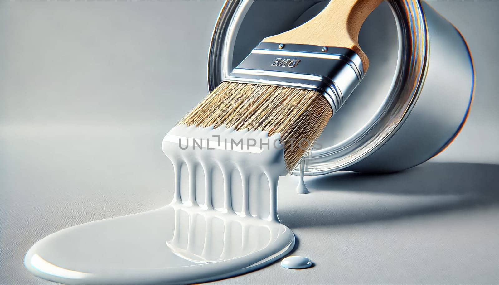 This angled view shows a paintbrush leaning against a paint can, with white paint dripping smoothly off the bristles. The glossy paint forms a gentle stream, highlighting the interaction between the brush and paint in a clean, minimalist setting.