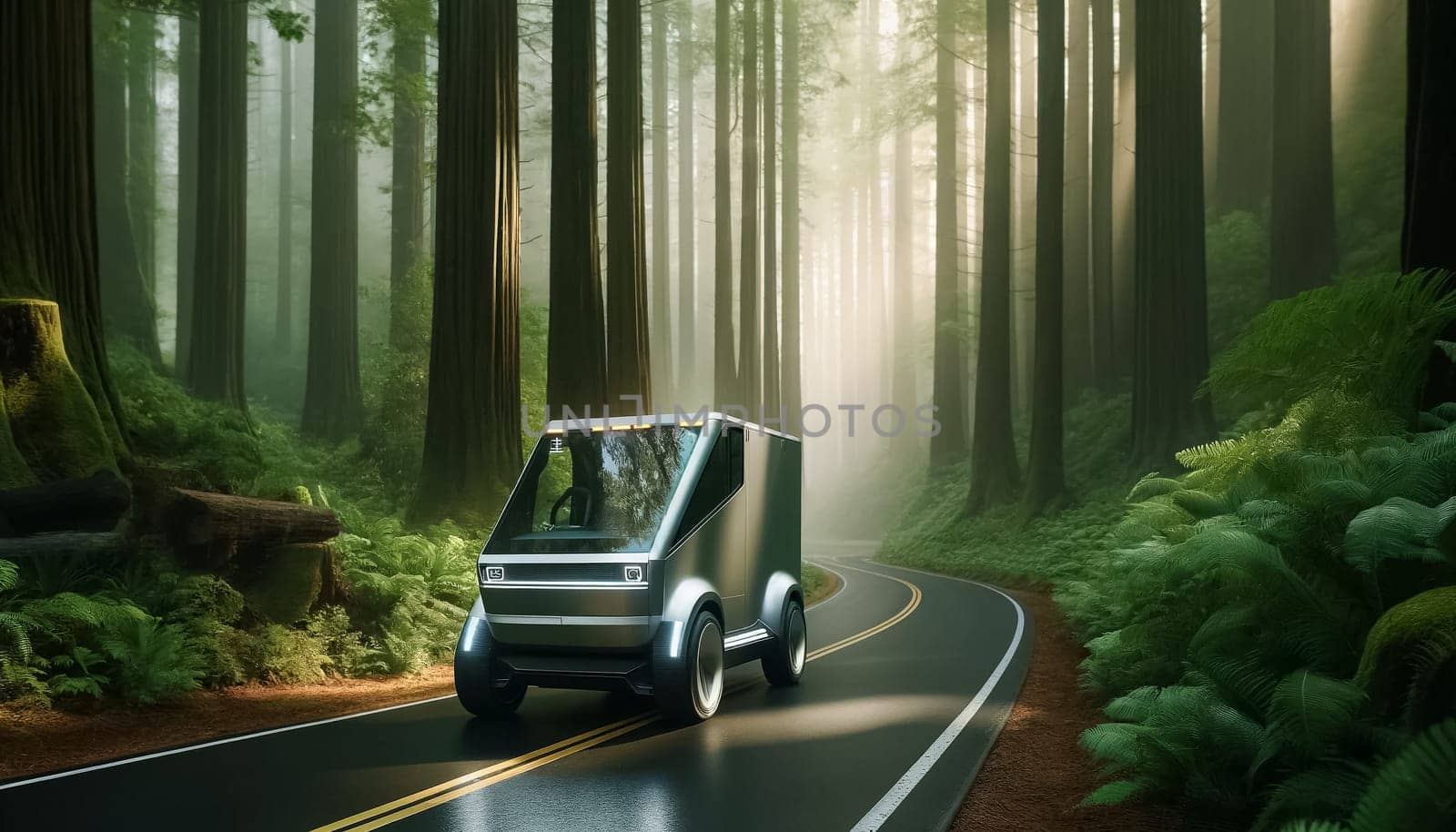 Silent and swift, an electric cargo truck traverses a forest road, bathed in the golden glow of sunbeams streaming through the lush canopy overhead.