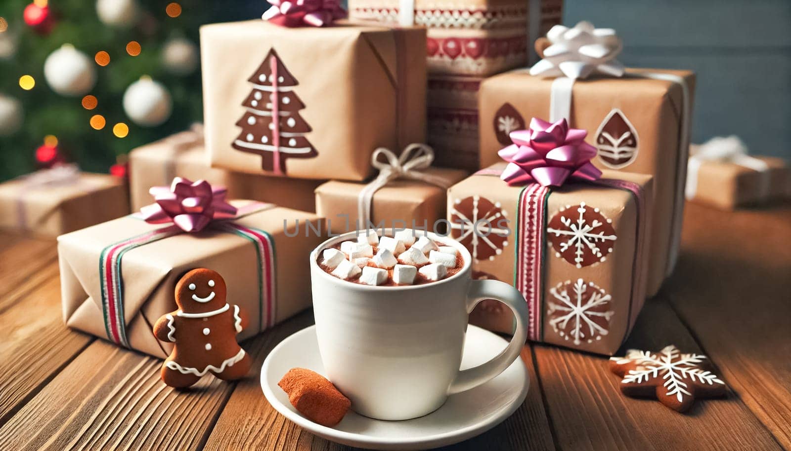 Low-angle view with a shallow depth of field and bright lighting. In the foreground, a cup of hot cocoa with gingerbread marshmallows forming the shape of a snowman sits sharply in focus on a wooden table. The background features several Christmas presents of different sizes wrapped in homemade, hand-painted paper with bows and straps, showcasing minimalist and festive designs.