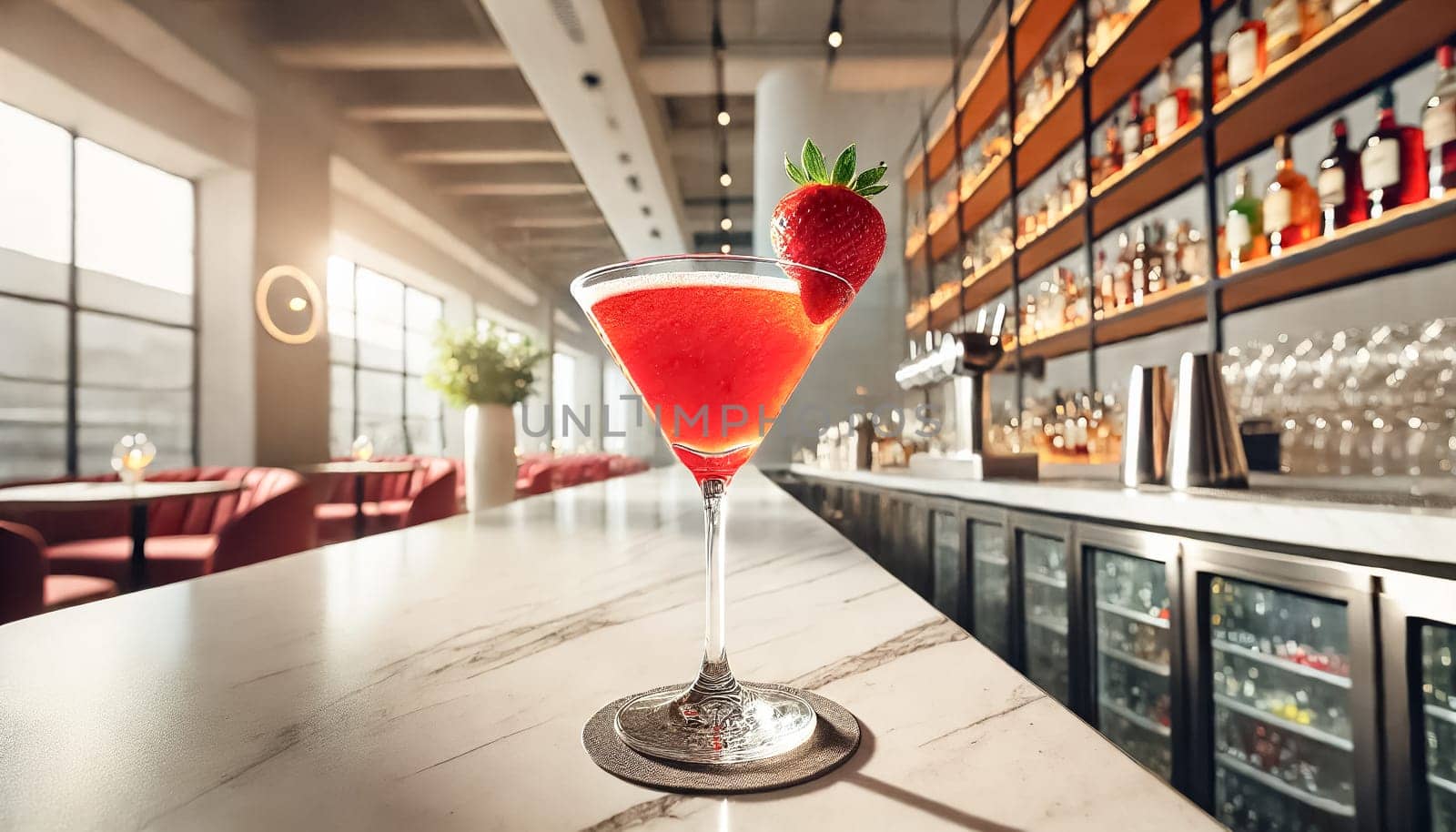 A sleek martini glass holds a vibrant strawberry cocktail, garnished with a fresh strawberry, set on a polished marble bar counter. The contemporary, well-lit setting features clean lines and abundant natural light, emphasizing the drink's rich red color and refreshing appeal.