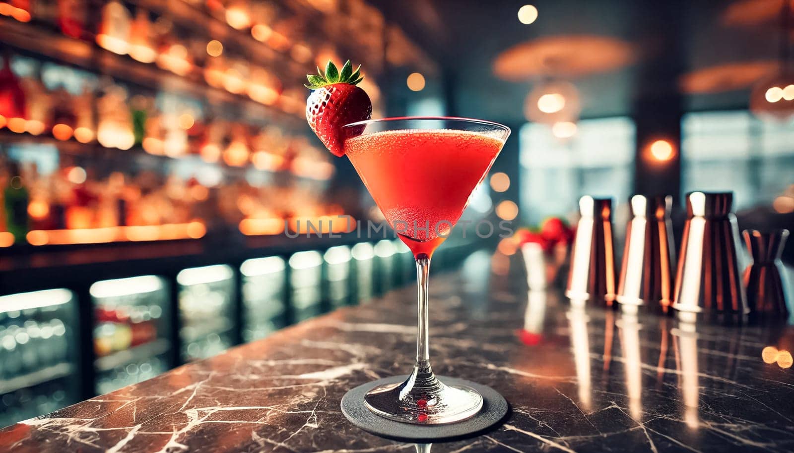 The image showcases a vibrant strawberry cocktail served in a sleek martini glass, garnished with a fresh strawberry. Set on a polished marble bar, the background is softly blurred, highlighting the drink as the main focus.