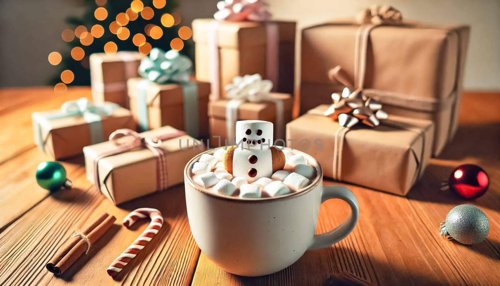 Low-angle view with a shallow depth of field and bright lighting. In the foreground, a cup of hot cocoa with gingerbread marshmallows forming the shape of a snowman sits sharply in focus on a wooden table. The background features several Christmas presents of different sizes wrapped in homemade, hand-painted paper with bows and straps, showcasing minimalist and festive designs.