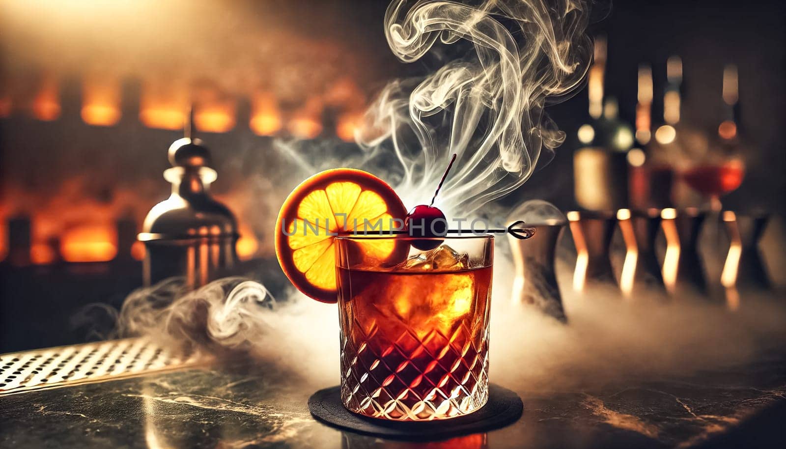 The images showcase an exquisitely crafted cocktail, emitting delicate wisps of smoke on a marble bar top. The rich, dark drink is garnished with a vibrant orange slice and a cherry, while the background reveals a mixologist’s hand at work, all bathed in warm, inviting light.
