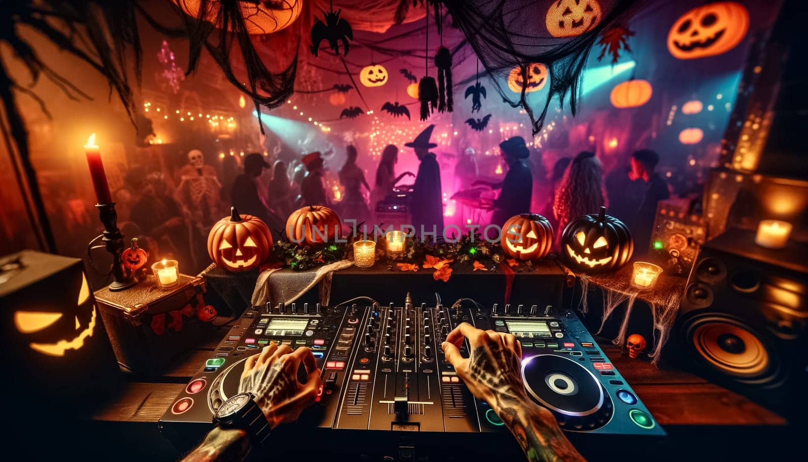 In a mystical hall adorned with eerie decorations, a witch DJ enthralls a costumed crowd with haunting tunes at a Halloween gala.
