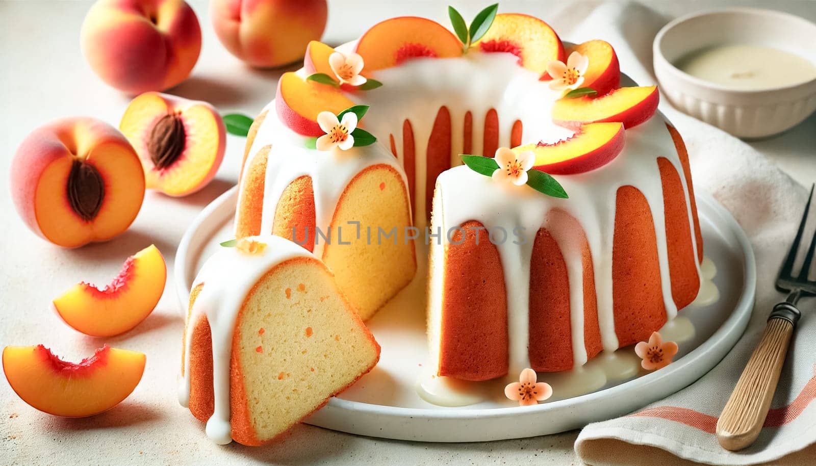 A beautifully sliced bundt cake topped with smooth vanilla glaze, adorned with fresh peach slices and delicate orange flowers. The cake's moist interior contrasts with its golden-brown crust, creating an inviting scene perfect for a summer dessert.