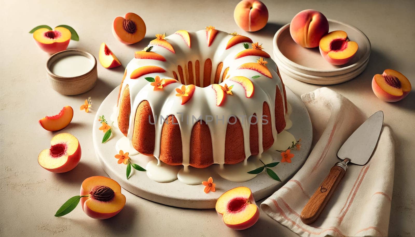 A beautifully presented bundt cake topped with a smooth vanilla glaze, set on a white plate. Surrounded by vibrant peach slices and small orange flowers, the cake's golden-brown crust contrasts with the creamy glaze that drips down the sides. The scene is complemented by a rustic cake server and soft natural light, evoking a warm, inviting atmosphere perfect for a summer treat.