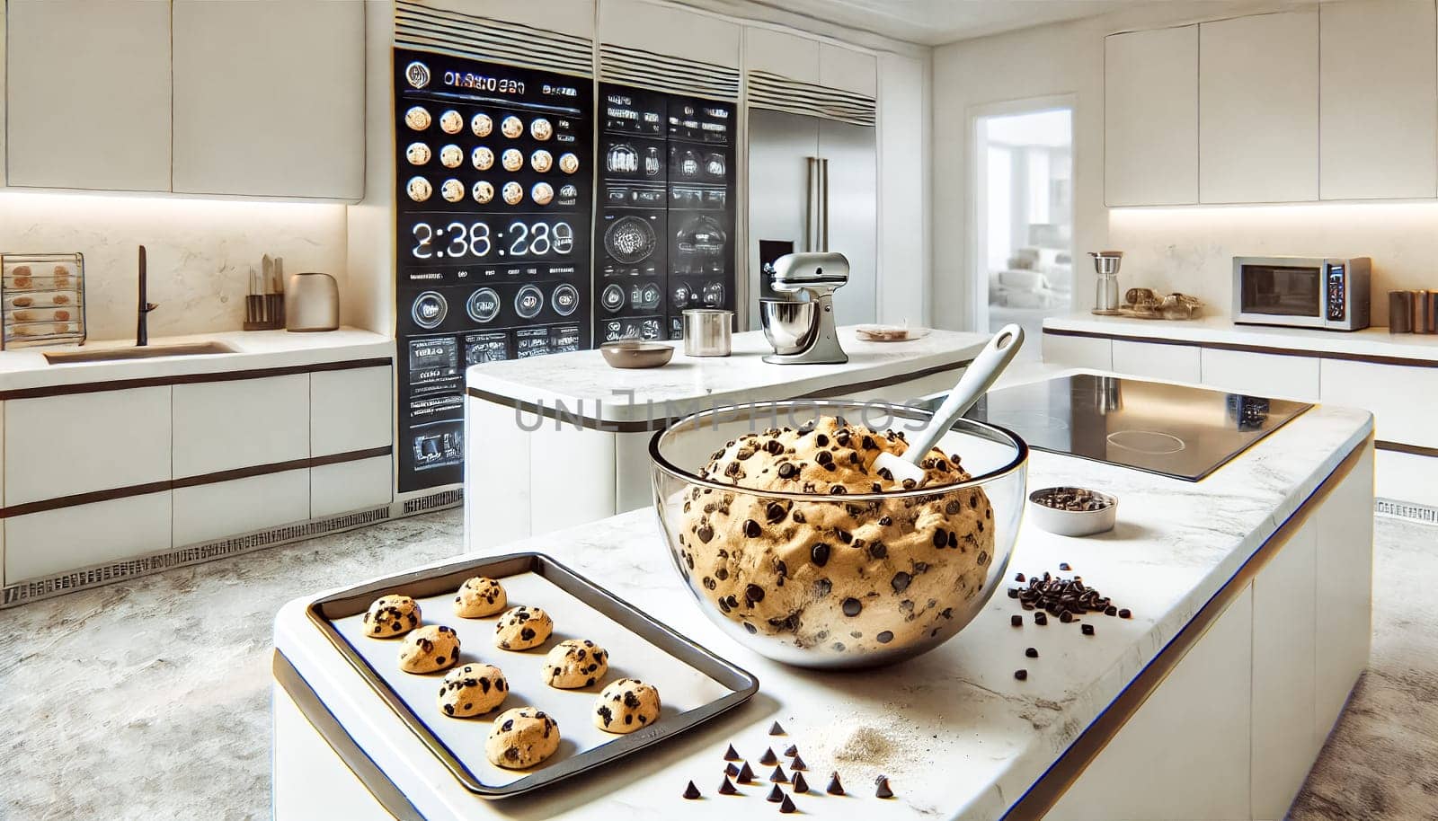 Futuristic and modern kitchen with glossy white countertops and cabinets. The kitchen is slightly messy after baking cookies, with chocolate chips, flour, and used baking sheets scattered around. The cookie dough in a transparent mixing bowl with a silicone spatula is in sharp focus. The kitchen features smart appliances, a touchscreen fridge, and an automated baking station, highlighted by the shallow depth of field.