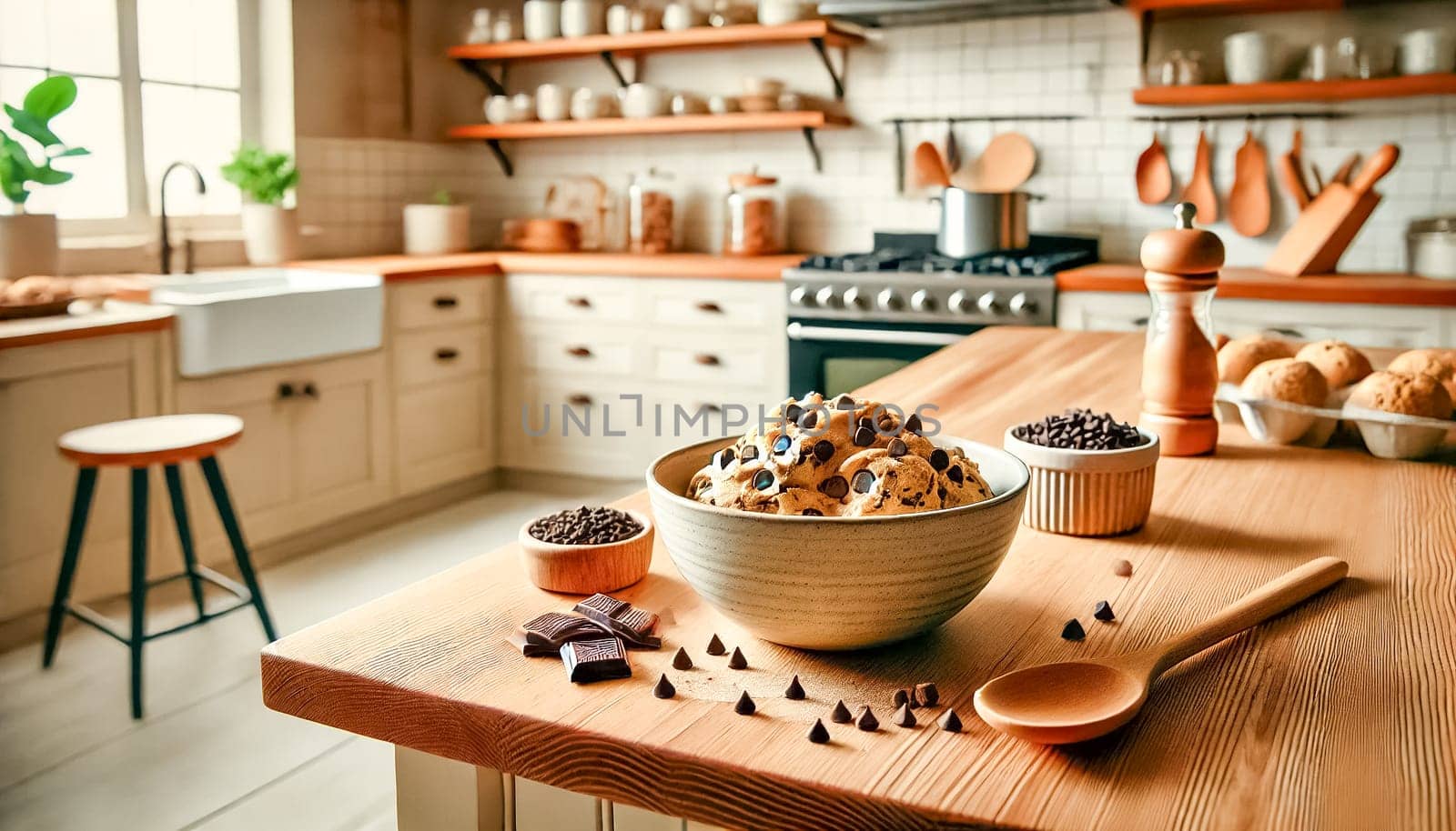 Cozy and modern kitchen with wooden countertops and open shelving. Chocolate chip cookie dough in a ceramic mixing bowl is in sharp focus, with a wooden spoon and scattered chocolate chips, highlighted by the shallow depth of field.