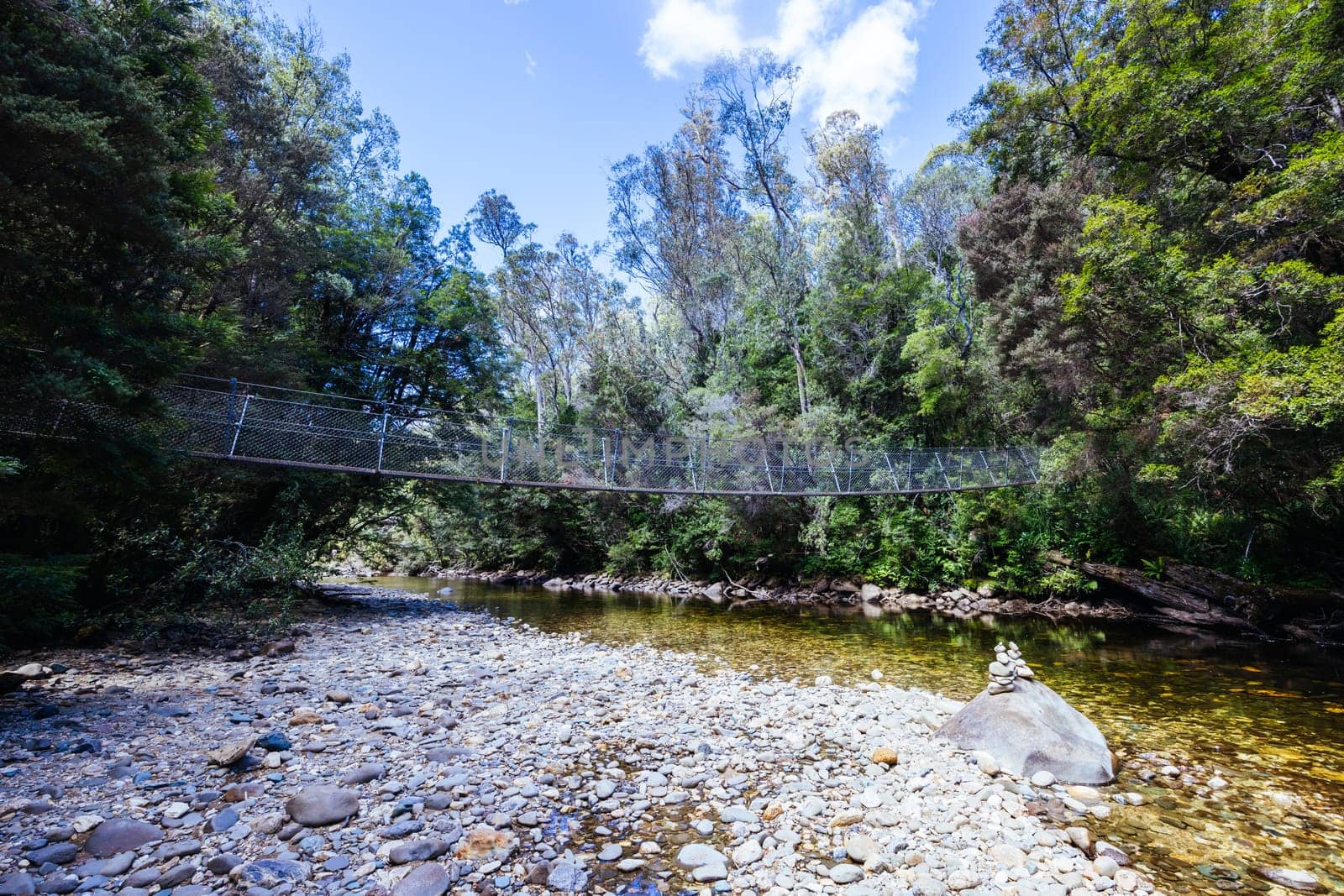 Frenchmans Cap Suspended Bridge in Franklin-Gordon Wild Rivers National Park on a hot summer's day in Tasmania, Australia