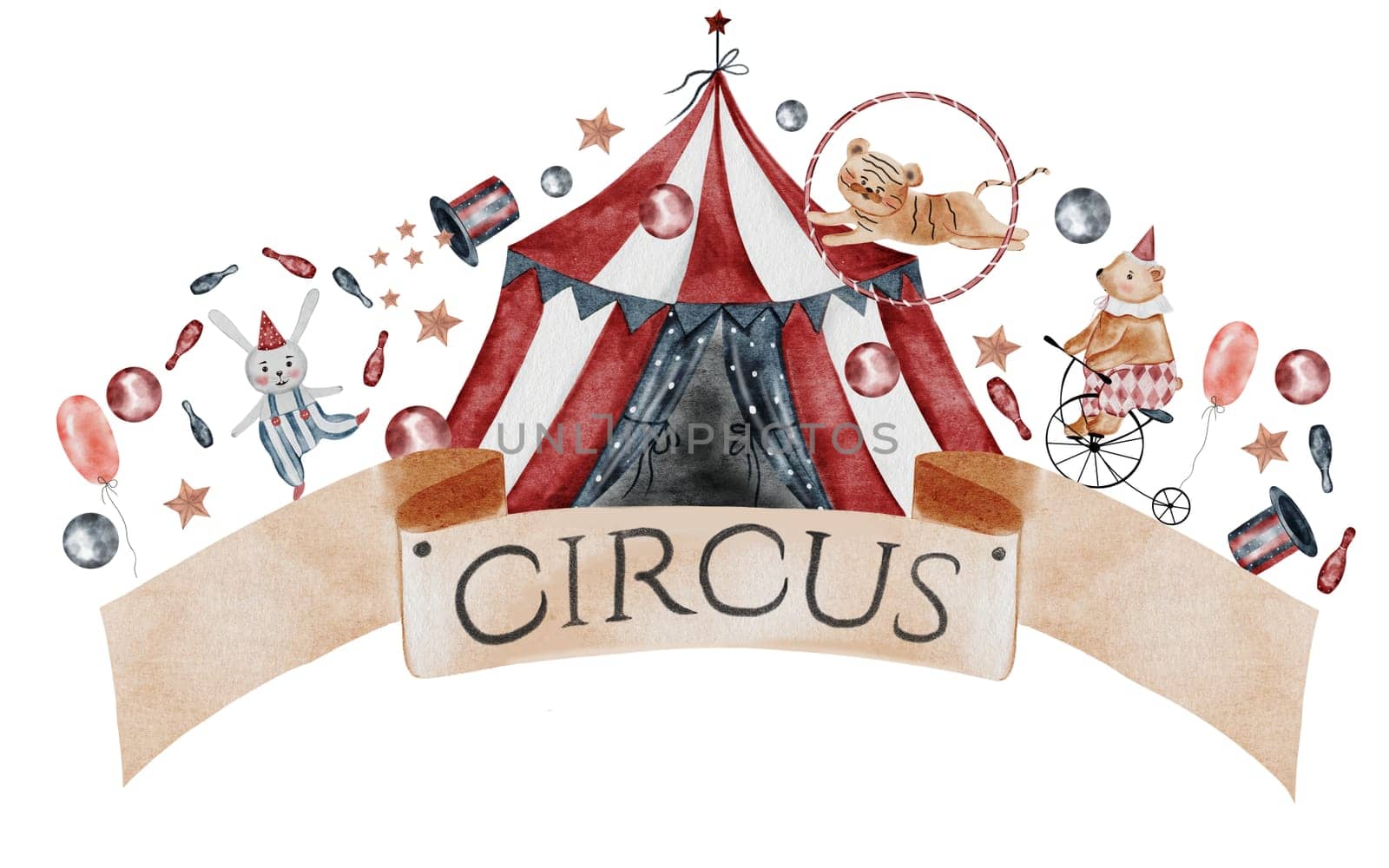 Circus watercolor banner. Hand drawn cute animal on isolated white background. Clip art of bear on bicycle, bunny and tiger cub. Perfect for cards for baby shower and birthdays. High quality illustration