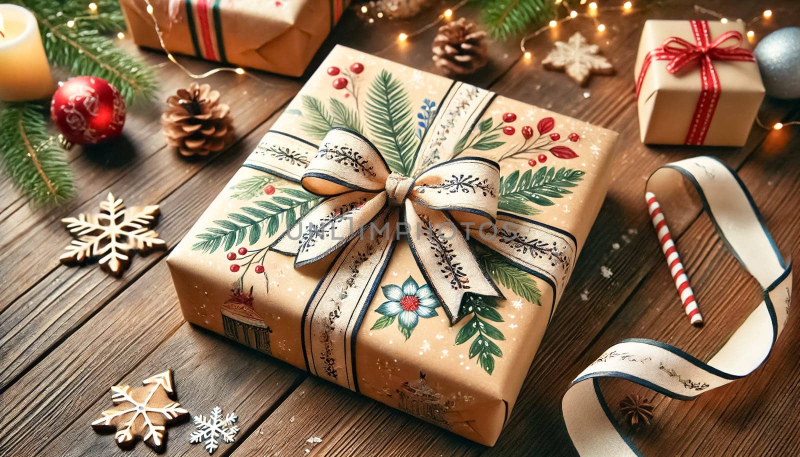 A charming Christmas present wrapped in homemade, hand-painted paper with a festive bow, placed on a rustic wooden table. The intricate designs on the paper showcase a personal touch, making the gift stand out.