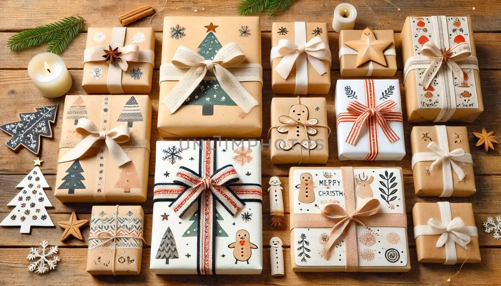 A wooden table with several Christmas presents of different sizes, wrapped in homemade, hand-painted paper with bows and straps. Handmade gingerbread cookies with royal icing are placed beside the gifts, adding a warm holiday touch.