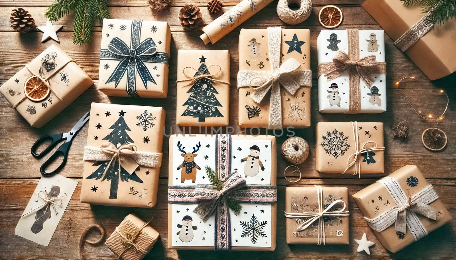 Top-down view of several Christmas presents of different sizes on a wooden table, wrapped in homemade, hand-painted paper with bows and straps. The minimalist and festive designs offer an elegant holiday presentation.