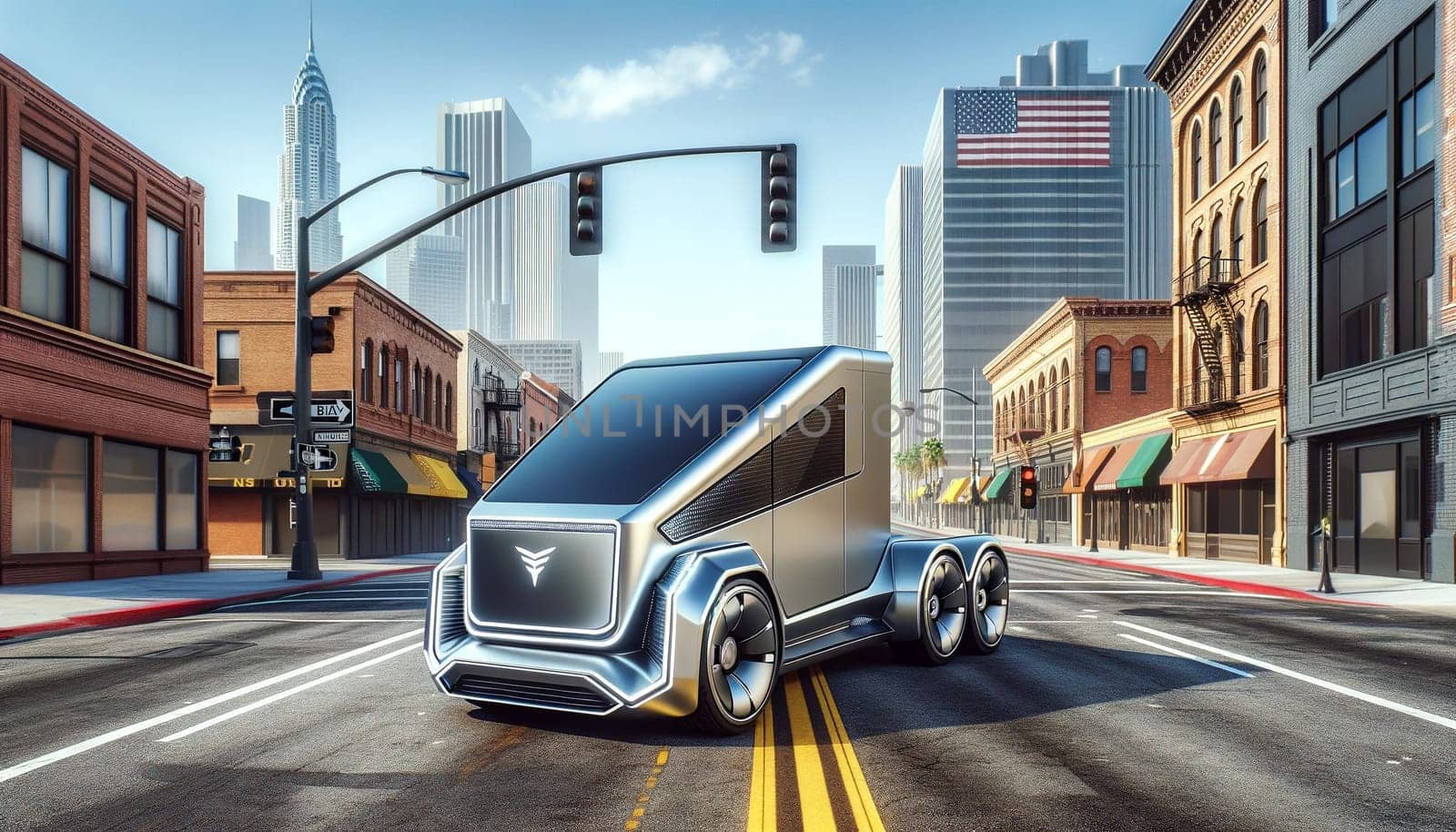 An avant-garde electric delivery truck navigates through the urban jungle, showcasing its dominance on the crosswalk of a bustling downtown street, merging efficiency with futurism.