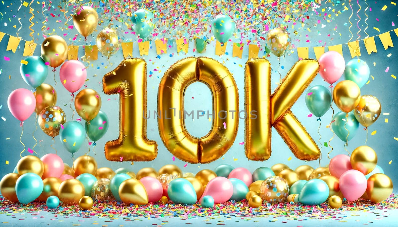 Golden balloons spelling out "10K" float in the air, surrounded by colorful confetti and pastel balloons. A light blue sky background enhances the visibility of the gold balloons. The depth of field effect with an f/2.8 aperture creates a beautifully blurred background, with out-of-focus confetti adding to the festive mood.