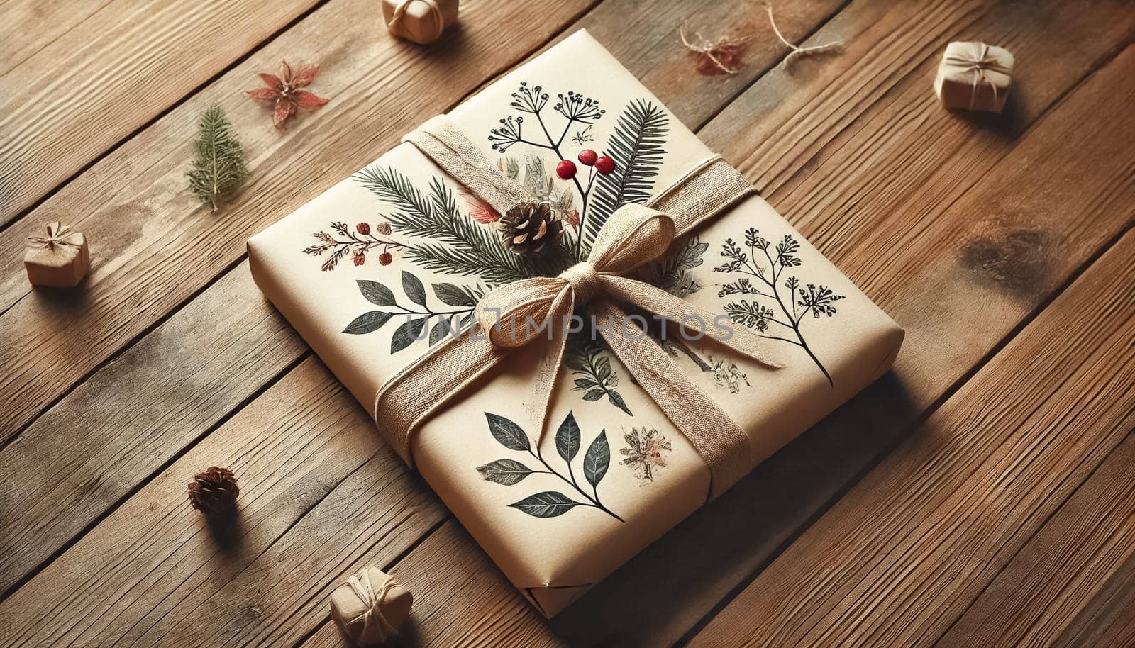 A Christmas present on a wooden table, wrapped in homemade, hand-painted paper with a bow and straps. Beside the gift are handmade gingerbread cookies decorated with royal icing, adding a festive touch.