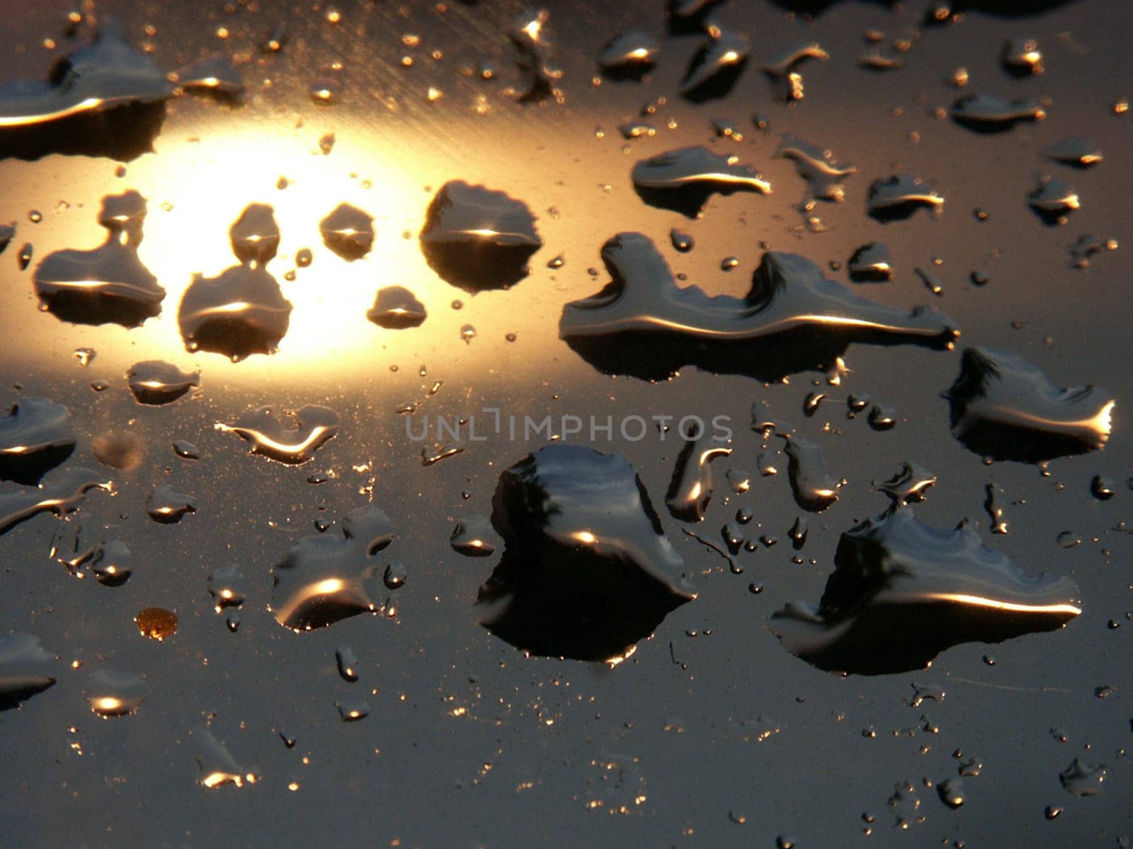 Raindrops on a window pane against the setting sun.