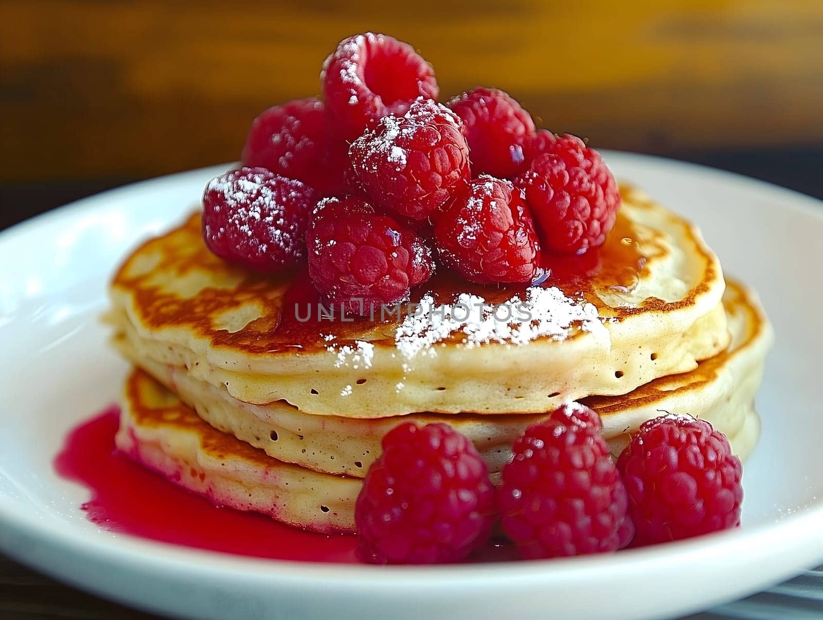 : Tasty stack of golden pancakes topped with fresh raspberries, powdered sugar, and syrup on a white plate. A perfect breakfast or brunch treat with a sweet and fruity touch.