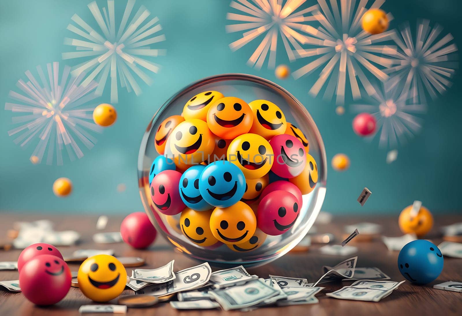Smiley lottery celebration ball objects happy many cash generated ai alt smile smiles holiday card fireworks blue background . High quality 3d illustration