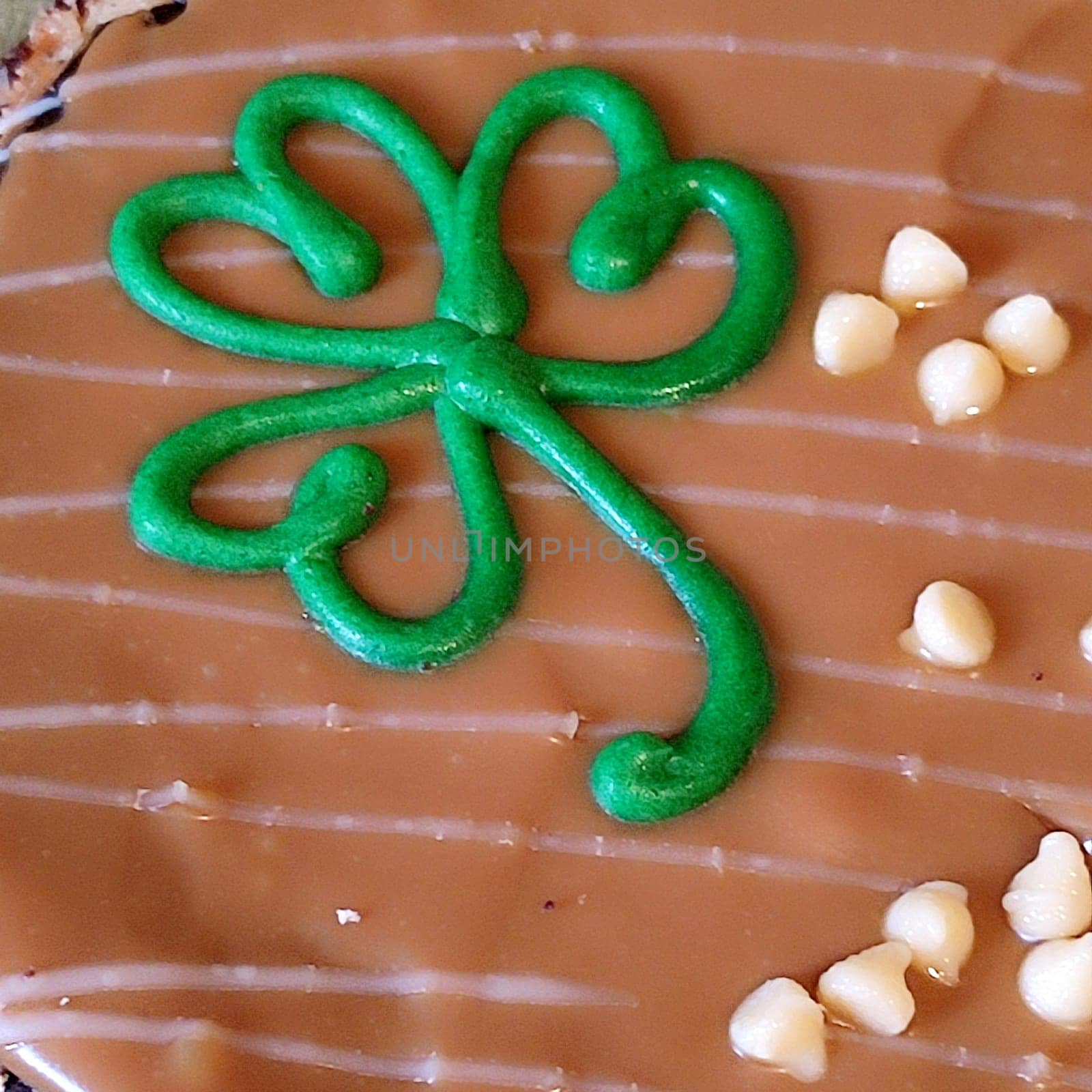 Green clover cookie cream food dessert tort clever Ireland simbol holiday chocolate. High quality photo