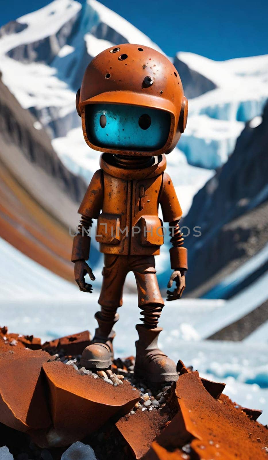 human figure toy mountaineering climber in the mountains snow winter cartoon hero sport generated ai alt. High quality 3d illustration