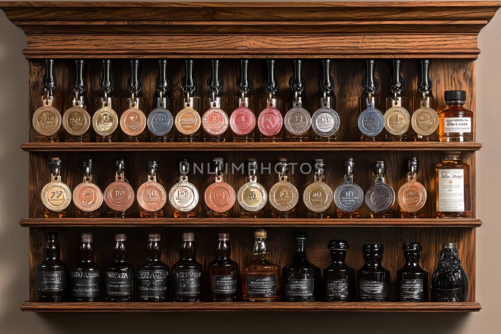 A well-organized selection of whiskey bottles with various labels elegantly showcased on a wooden shelf against a neutral background.