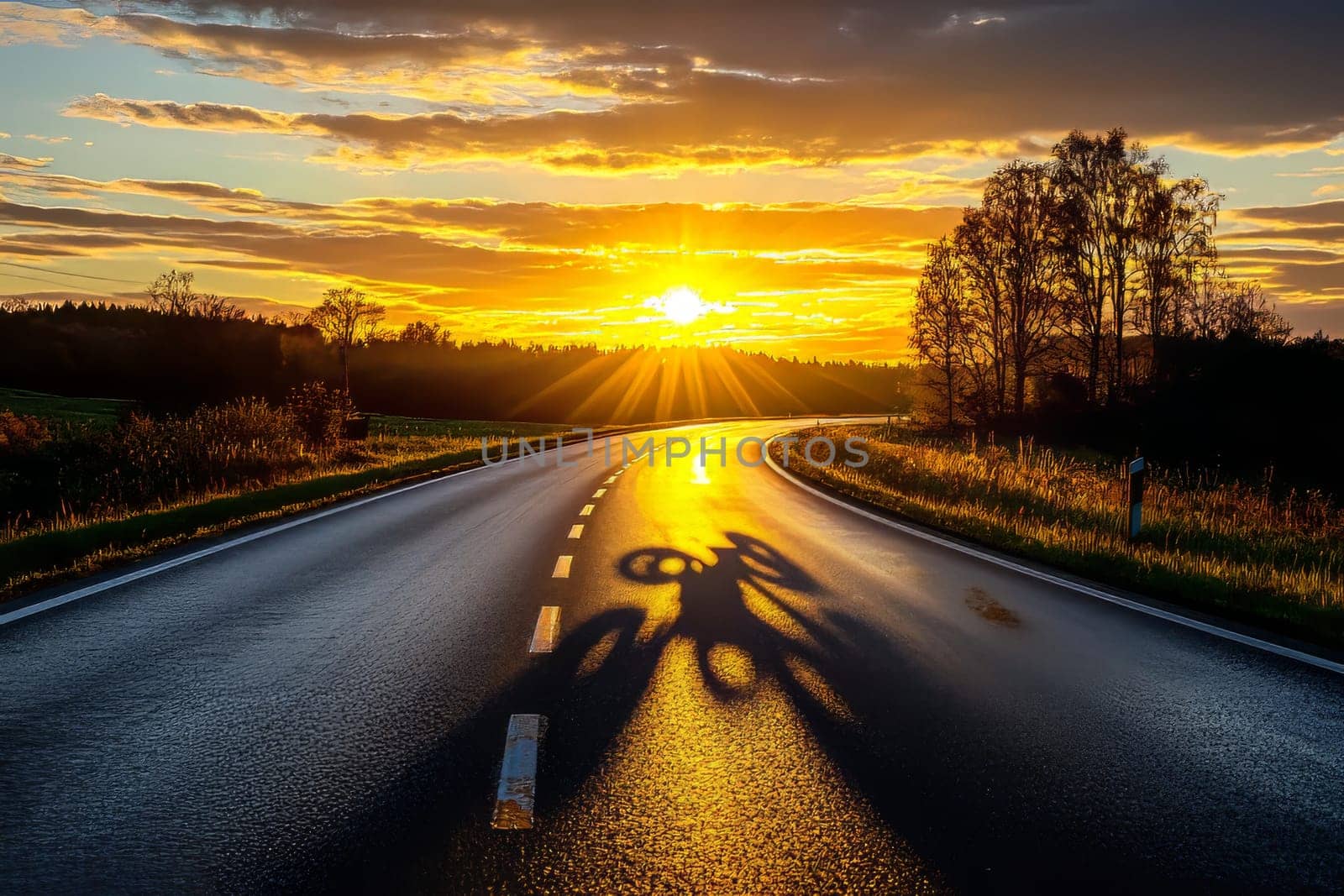 A winding road reflects the vibrant colors of a sunset, while shadows of trees and a bicycle create an artistic effect.