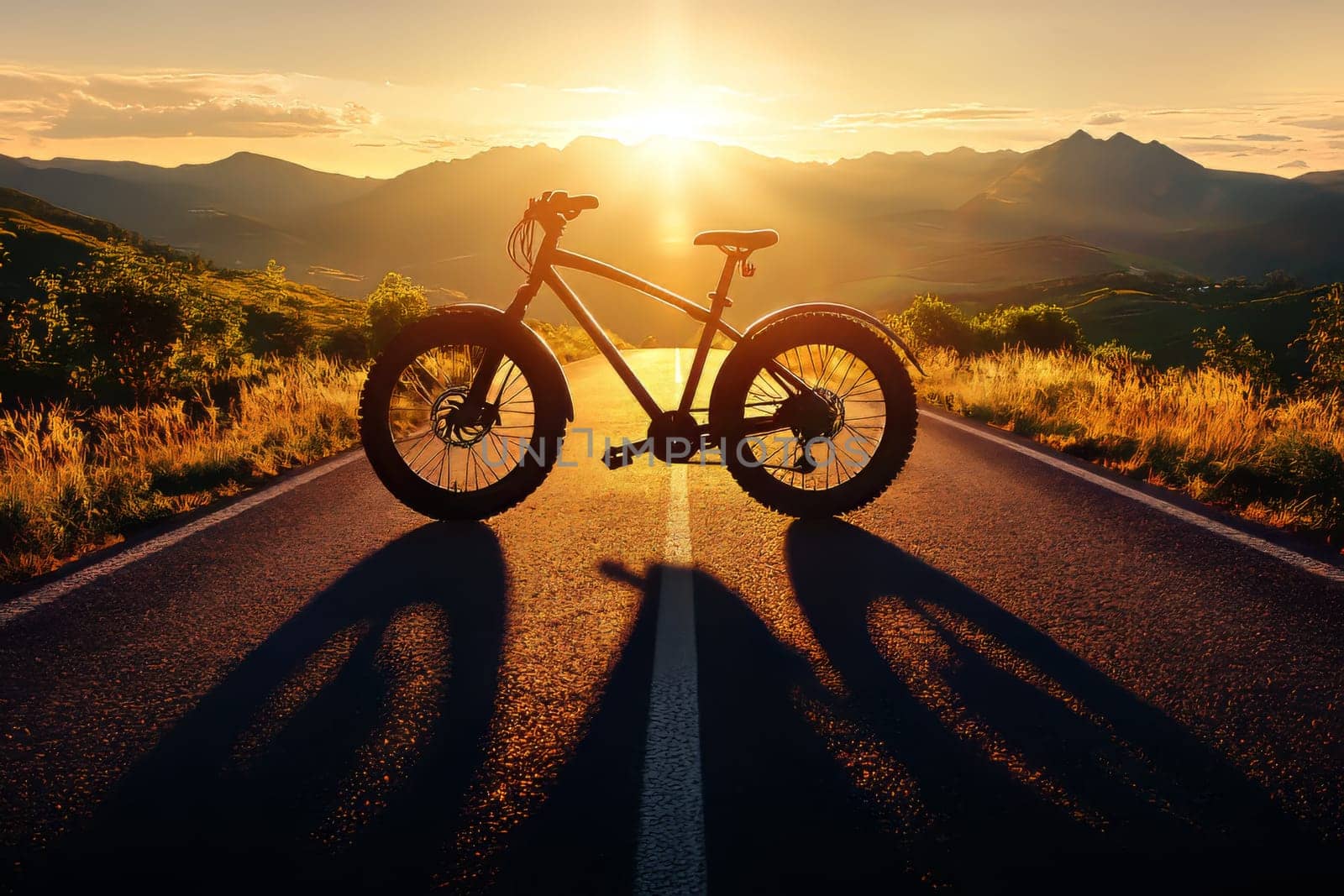 A bicycle stands on a road as the sun sets behind mountains, casting long shadows and highlighting the natural beauty of the surroundings.