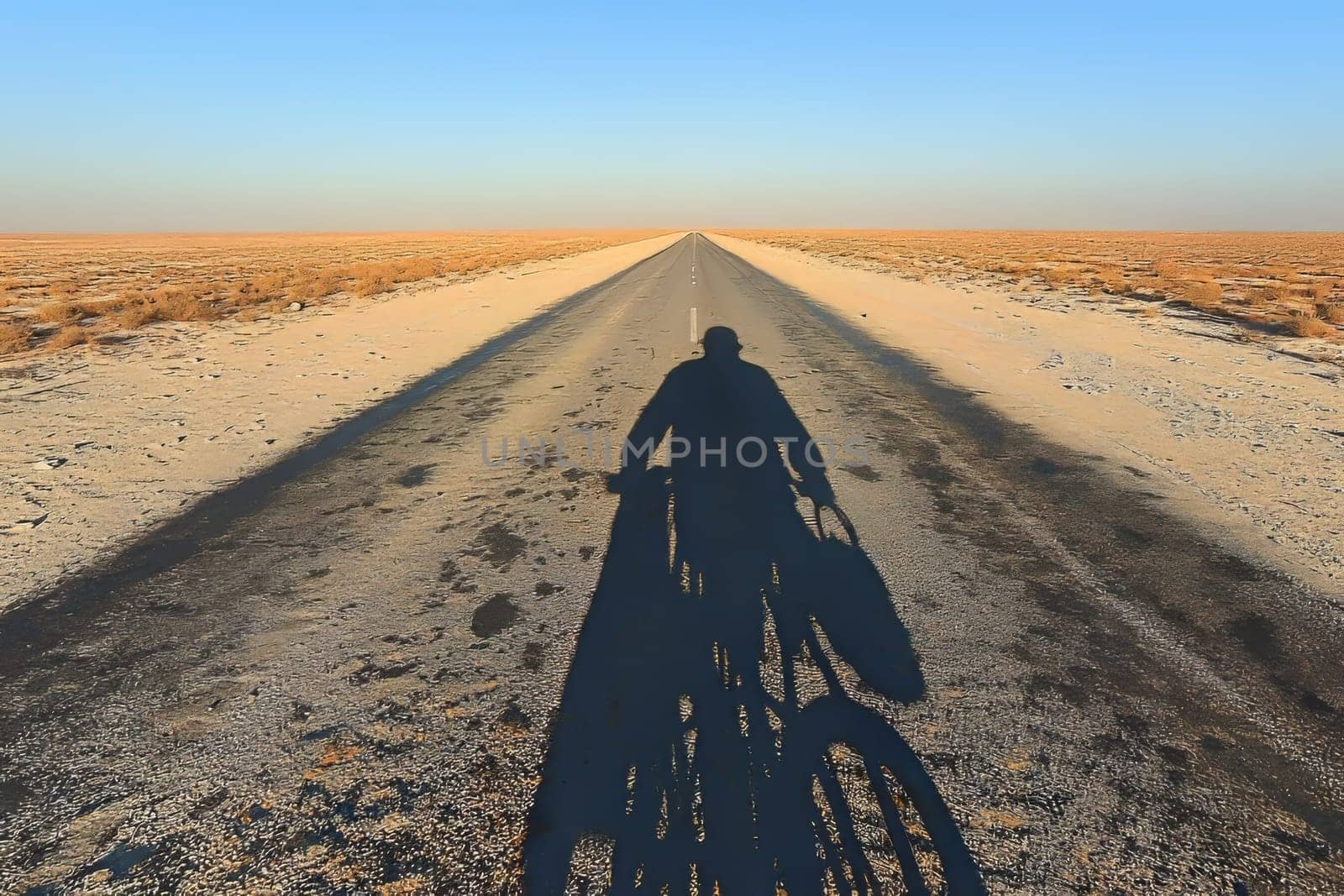 A cyclist rides along a deserted road with a striking shadow cast on the ground during the early evening.