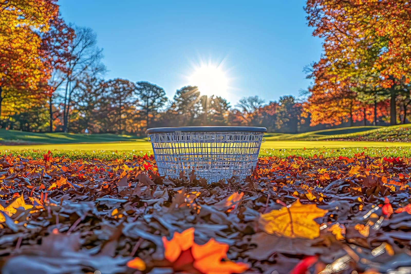 Vibrant fall foliage frames a disc golf basket on the ground as the sun sets, creating a picturesque outdoor setting.