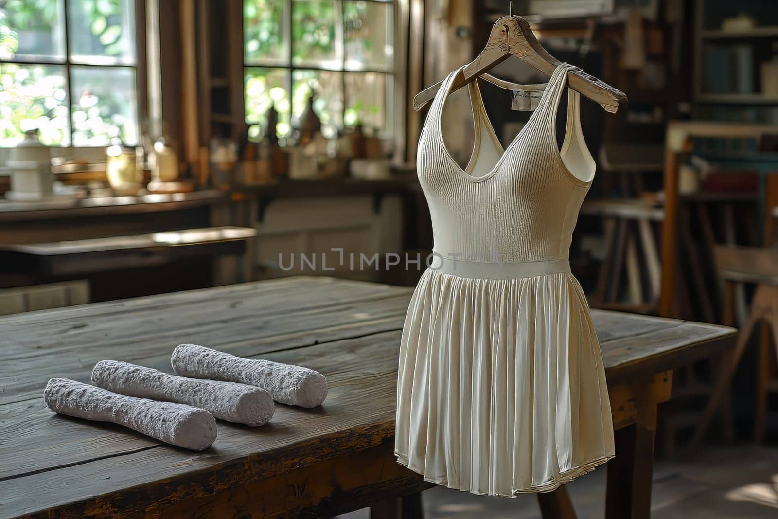 A beautiful white dress hangs on a rustic wooden hanger in a workshop, surrounded by soft natural light filtering in through windows.