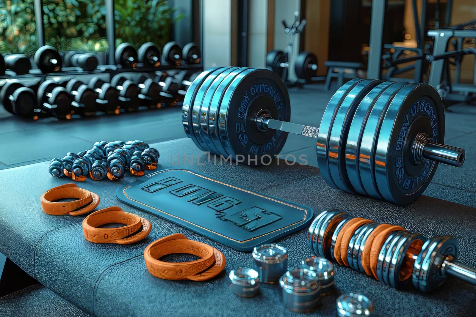 Weights and fitness equipment lay on a gym bench in a bright, modern workout area surrounded by fitness gear.